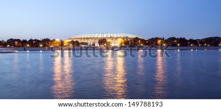 Embankment of the Moskva River and Luzhniki Stadium, night view, Moscow, Russia.