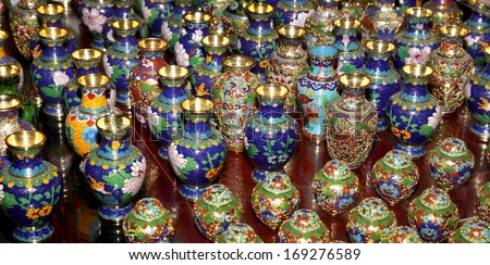BEIJING, CHINA -- OCTOBER 12, 2013: Traditional Chinese vases in typical ceramic art market