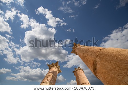 Roman Columns in in the Jordanian city of Jerash (Gerasa of Antiquity), capital and largest city of Jerash Governorate, Jordan