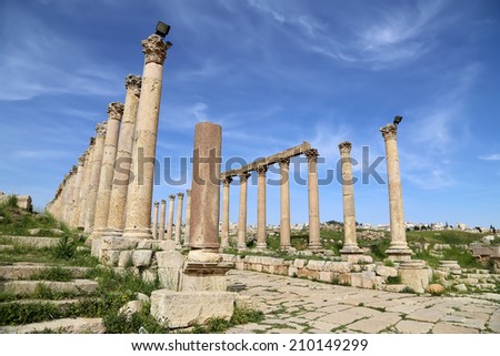 Roman Columns in in the Jordanian city of Jerash (Gerasa of Antiquity), capital and largest city of Jerash Governorate, Jordan