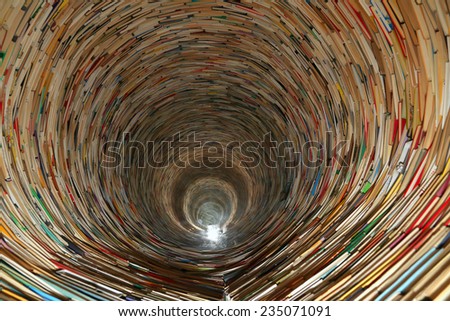 PRAGUE, CZECH REPUBLIC-  NOVEMBER 13, 2014: book tunnel in Prague library -- mirrors are used to create this effect
