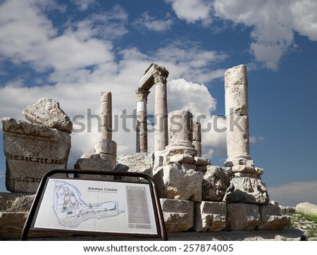AMMAN, JORDAN - APRIL 06, 2014:   Amman city landmarks-- old roman Citadel Hill (Site plan legend), Jordan