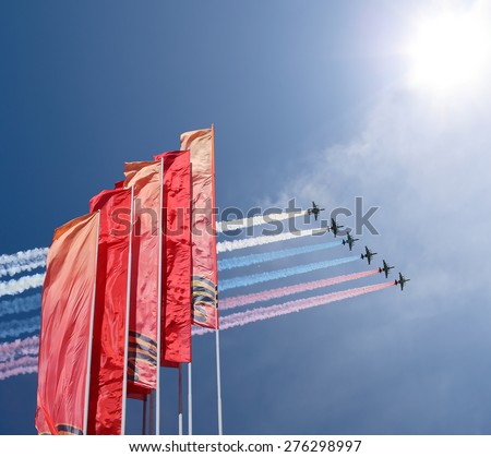 MOSCOW, RUSSIA - MAY, 07 2015: Russian military aircrafts fly in formation over Moscow during Victory Day parade, Russia. Celebration of the 70th anniversary of the Victory Day (WWII)