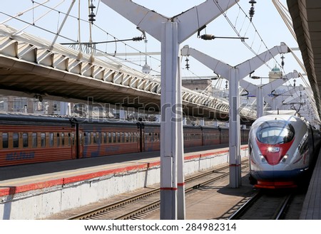 MOSCOW, RUSSIA - JUNE, 03 2015: Aeroexpress Train Sapsan at the Leningrad station. Moscow, Russia -- high-speed train acquired OAO \