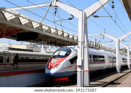 MOSCOW, RUSSIA - JUNE, 03 2015: Aeroexpress Train Sapsan at the Leningrad station. Moscow, Russia -- high-speed train acquired OAO \