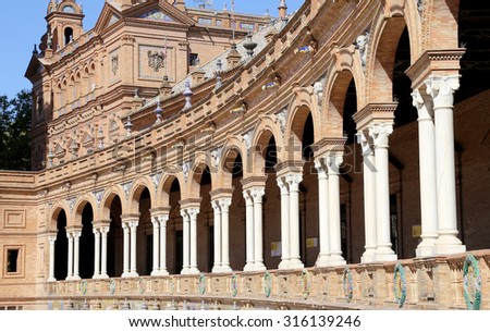 SEVILLE, SPAIN- AUGUST 27, 2014:Buildings on the Famous Plaza de Espana (was the venue for the Latin American Exhibition of 1929 )  - Spanish Square in Seville, Andalusia, Spain. Old landmark