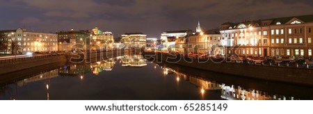 Russia, Moscow Center, night view (panorama) on the drain channel with Luzhkov (Tretyakov) bridge