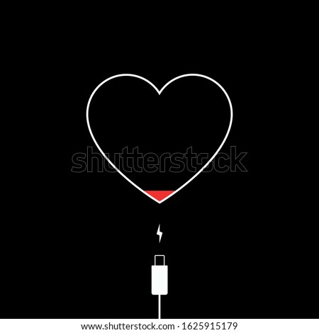 Heart needs recharging. low battery heart and charging cable. vector, illustration.