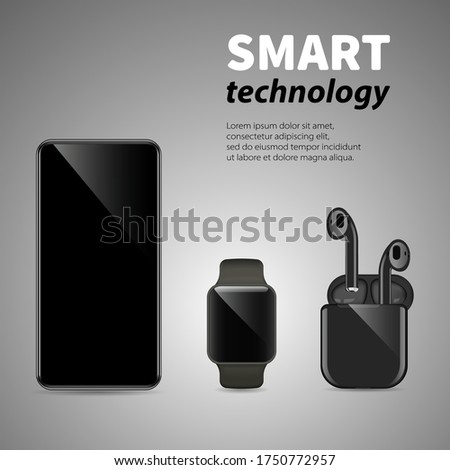 Smartphone, wireless headphones and smart watches on gray background.  Modern smart technology and communications.