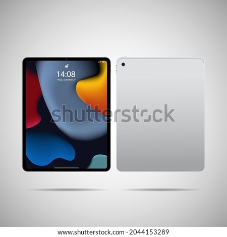 Realistic tablet PC. Vector illustration in trendy thin frame design with front and back side view. 