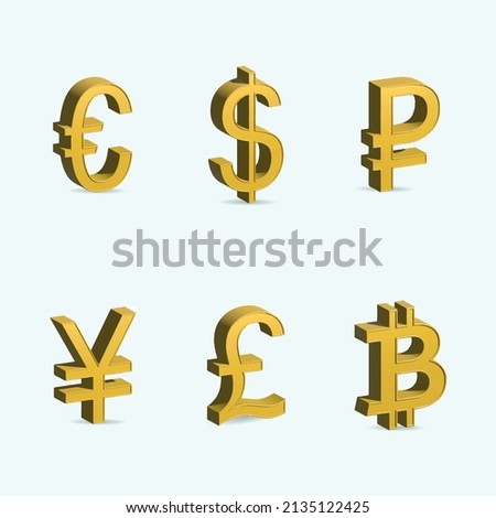 Gold world currency isolated on blue background, 3d vector illustration.