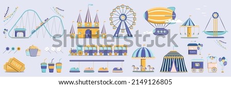 Amusement park flat set. circus and fair with roller coasters, carousels, castle, hot air balloon. Vector illustration.