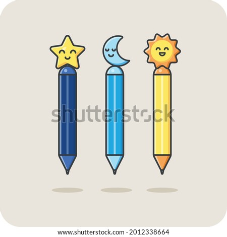 Fancy cute pen set suitable for children and workers, star, sun, moon, vector design and isolated background.