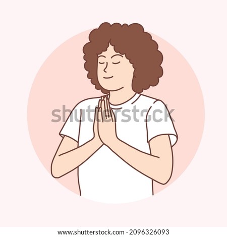 A woman raises her hand to show respect or pray, Vector design and illustration.