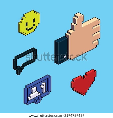 Pixel art vector social icons set. Interaction, reaction,  red heart, friend add, speech bubble, thumb upm happy face