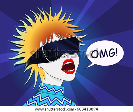 Woman using the virtual reality headset. Vector illustration