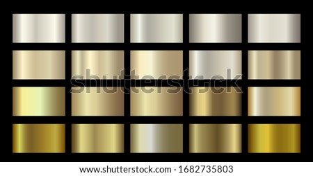 Gold Metallic, bronze, silver, chrome, copper metal foil texture gradient template. Vector Golden swatch set. Vector Metallic gold gradient illustration gradation for banner, web, flyers digital