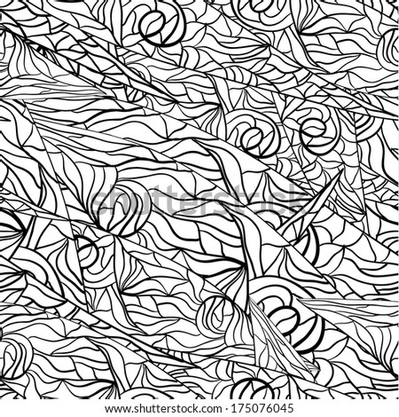 Seamless black and white abstract hand-drawn pattern with waves and clouds