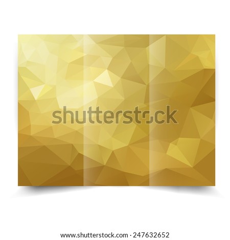 Gold tri-fold brochure design template with abstract geometric background. Tri-Fold Mock up and back Brochure Design with triangles.