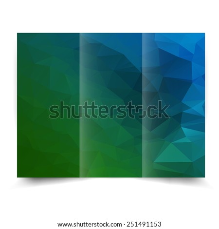 Blue and green tri-fold brochure design template with abstract geometric background. Tri-Fold Mock up and back Brochure Design with triangles. Design illustration