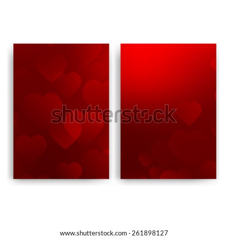 Flyer design templates. Set of red A4 brochure design templates with abstract modern bokeh lights backgrounds. Valentines Day card with hearts.