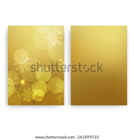 Flyer design templates. Set of gold Christmas A4 brochure design templates with abstract modern bokeh lights and snowflakes backgrounds.