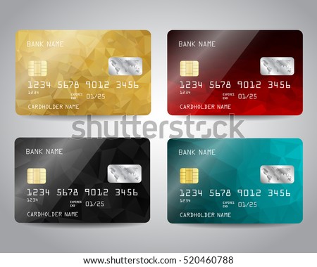 Realistic detailed credit cards set with colorful gold, red, black, blue triangular design background. Vector illustration EPS10