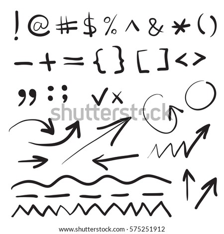 Hand written marker pen vector signs, symbols and shapes. Highlight hand drawn arrows, lines isolated on white background