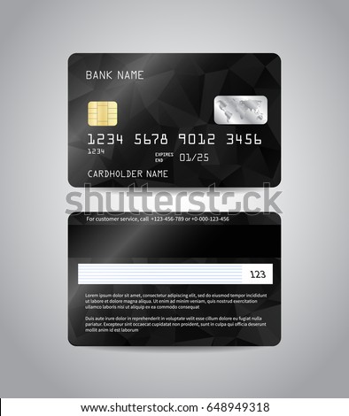 Realistic detailed credit cards set with colorful black abstract triangular design background. Black card. Front and back side template. Money, payment symbol. Vector illustration EPS10