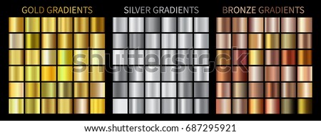 Gold, silver, bronze gradients. Collection of colorful gradient illustrations for backgrounds, cover, frame, ribbon, banner, coin, label, flyer, card, poster, ring etc. Vector template EPS10