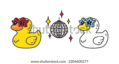 duck vector icon cartoon rubber duck disco ball dancing logo shower bathroom bird chicken character symbol doodle isolated illustration design