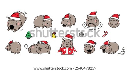 pygmy hippo icon christmas santa claus Baby Hippo snowflake candy cane gift box vector hippopotamuses zoo pet animal cartoon character logo symbol illustration clip art isolated design