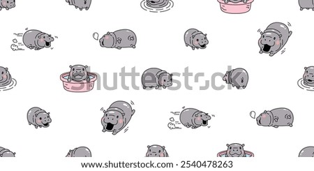 Baby Hippo seamless pattern pygmy hippo icon vector smiling hippopotamuses running swimming zoo sleeping pet animal cartoon character doodle tile background gift wrapping paper repeat wallpaper scarf 