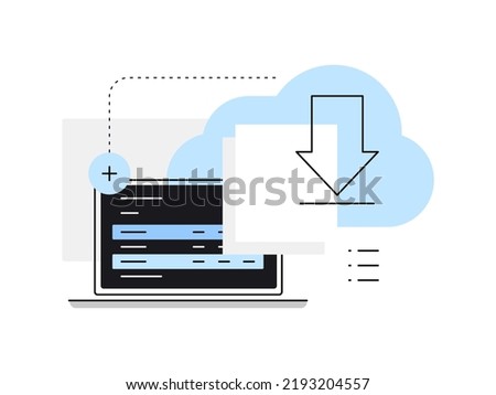 PC working process, database. File download. Cloud storage. Simple flat illustration. Vector file.