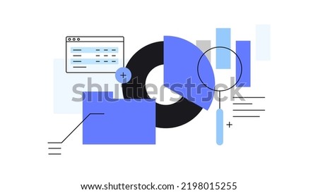 Data science and big data. Analysis. Folder with loupe and pie chart. Infographic element, modern flat illustration. Web banner. Vector file.