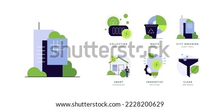 Neutral living. Smart cities and households. Set of six eco friendly doodles. Flat illustrations. Vector file.