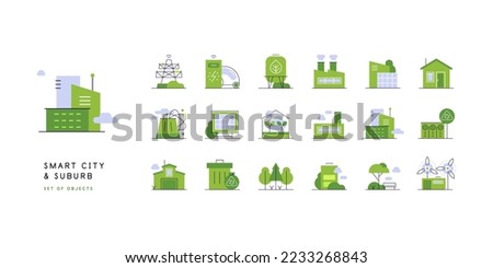 Buildings, urban places and industrial objects. Eco friendly lifestyle in urban. Set of flat illustrations. Vector file.