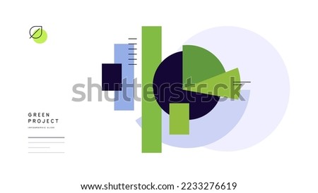 Green charts with round diagram and bars. Infographic element. Abstract information. Data science. Digital art. Slide with simple geometric shapes. Vector file.