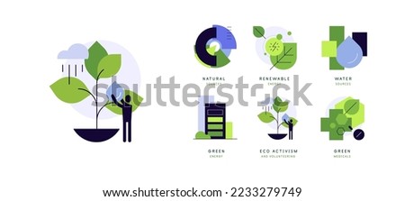 Nature friendly lifestyle. Neutral living. Go green. Ecological concepts. Modern flat illustrations. Set of icons. Vector file.