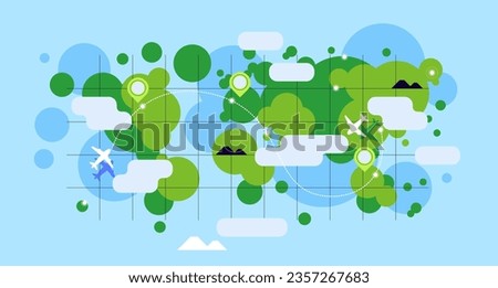 World map and airplane routes. Simple scheme, abstract simple geometric map. Vector file.