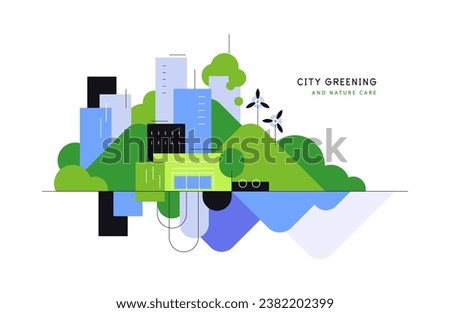 Green city. Urban and nature. Symbiosys living, sustainability and urbanistics. Modern simple flat illustration. Vector file.