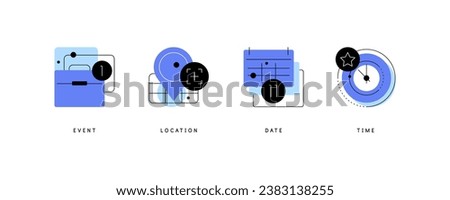 Event, place, date, time. Set of simple modern flat icons. Vector file.
