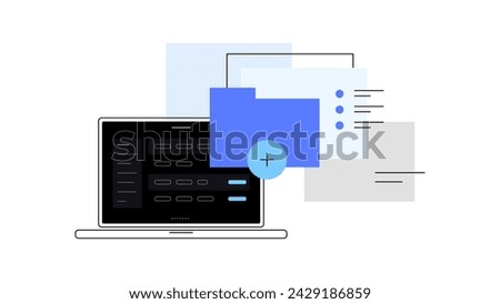 Laptop with folder and files. PC work processes and data science. Create new folder. Simple flat illustration. Vector file.