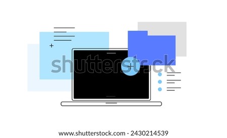 Laptop, folder, files and list. Add new folder. PC working. Data management. Simple flat illustration. Vector file.