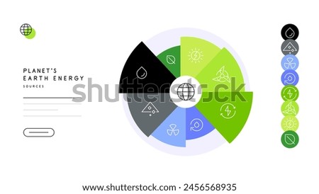 Planet Earth energy sources types. Pie chart, diagram with icon set and place for text. Infographic element, flat illustration. Vector file.
