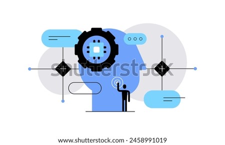 Human person and big robot's head in searching of solution. Big data analysis, algorithms and artificial intelligence. Flat illustration, web banner. Vector file. 