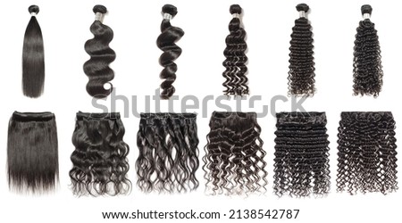 Different kinds of natural black color human hair weaves extensions bundles Stock foto © 