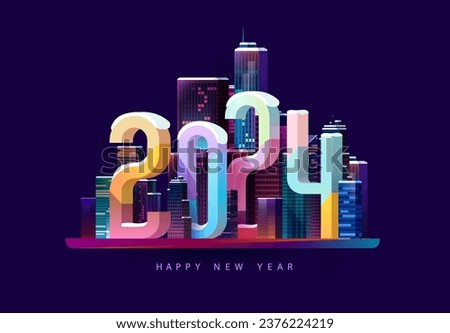 New year 2024. Colorful cityscape with big numbers. Greeting card design.