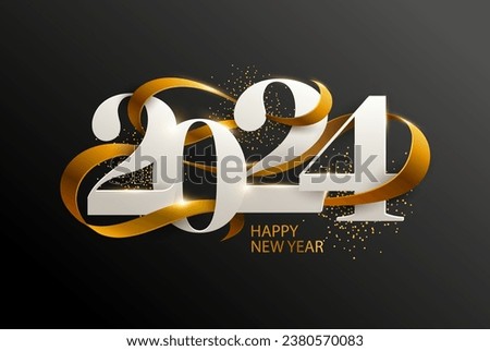 Happy New Years 2024. Greeting card design with date and ribbon on black background.	The image was created without the use of any form of AI.