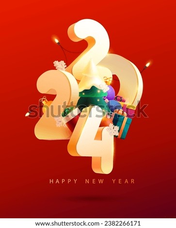 Happy New year 2024. White 3D data with Christmas tree and colorful gift boxes. Holiday poster design. The image was created without the use of any form of AI.